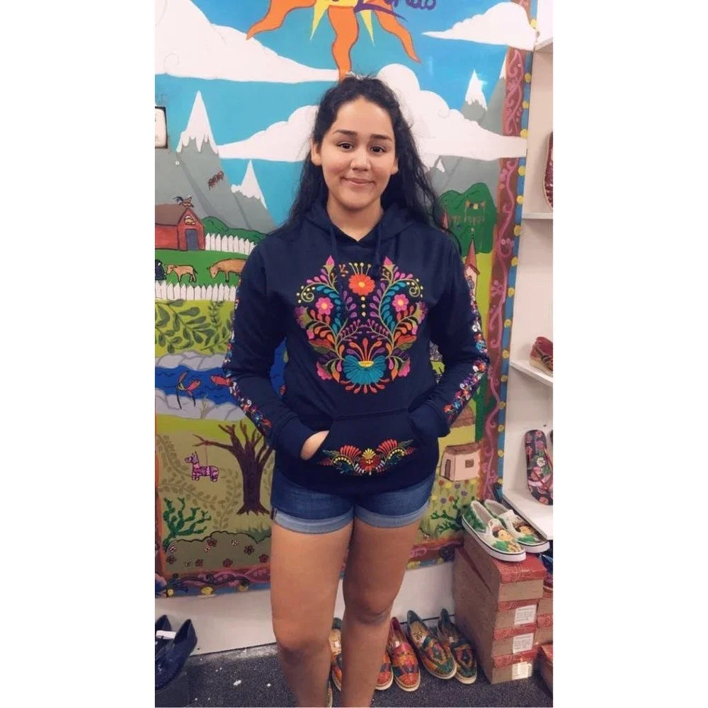 Mexican Floral Embroidered Hoodie Black - Picture 2 of 5